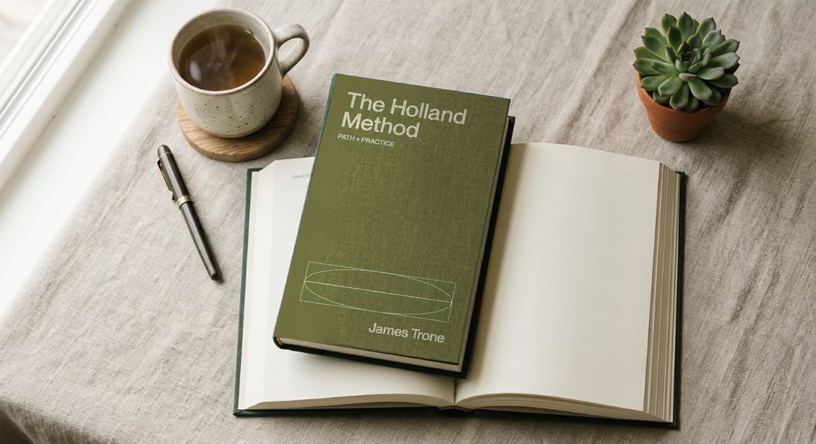 The Holland Method by James Trone, resting on a linen table beside a cup of tea